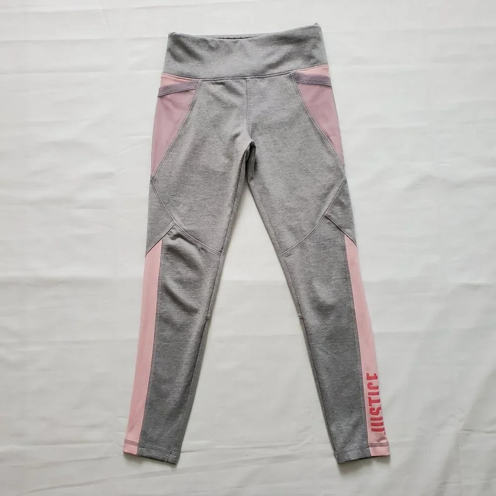 Justice Active Kids Yoga Pink Gray Color Mesh Block Leggings Size 8
